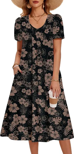 Miniatura 23 de Zeagoo Vestido de verano para mujer, casual, floral, midi, con bolsillos, cuello en V, plisado, manga corta, estilo alineado, para vacaciones