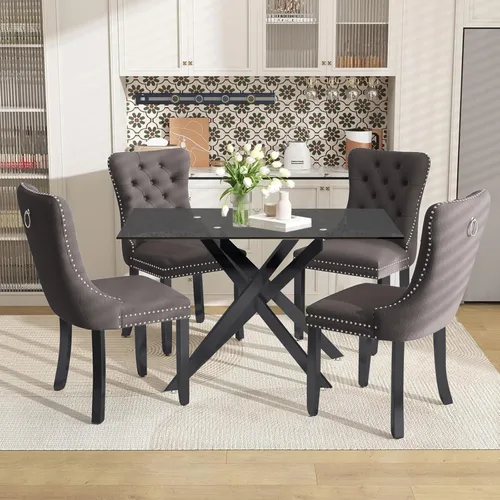 Miniatura 22 de Juego de mesa de comedor de 51 pulgadas de vidrio para 4, mesa de cocina rectangular de vidrio con 4 sillas tapizadas con acentos de terciopelo