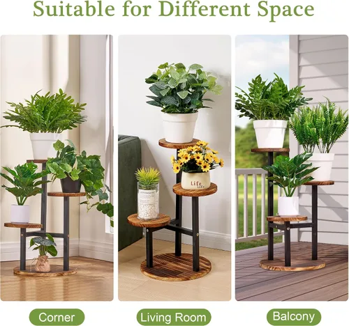Miniatura 6 de VECELO Soporte para Plantas de 3 Niveles Interior y Exterior, Estante Alto de Metal y Madera para Flores y Múltiples Plantas, Pequeño Estante