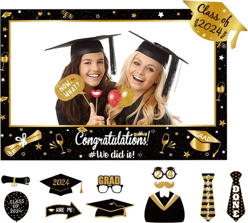 Marco de fotos de graduación de gran tamaño + 14 accesorios de cabina de fotos de felicitaciones, suministros de fiesta, regalos de decoración de