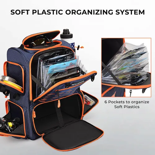 Miniatura 2 de KastKing Bait Boss Mochila de aparejos de pesca con soportes para caña, 4 cajas de aparejos, cubierta para lluvia, almacenamiento grande de 43 L B