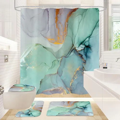 Miniatura 11 de Gibelle Juego de 4 cortinas de ducha de baño con alfombras antideslizantes, cubierta para tapa de inodoro y tapete de baño, juego de decoración
