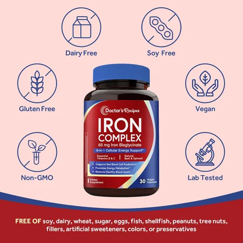 Miniatura 5 de Doctor's Recipes Suplemento de hierro para mujeres, 65 mg de bisglicinato de hierro, con vitaminas C, B6, ácido fólico y B12, raíz de remolacha