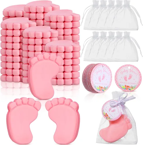 Miniatura 7 de 50 juegos de recuerdos de baby shower, pies de bebé hechos a mano, jabón perfumado, regalos para invitados, regalos con bolsas de organza y Azul