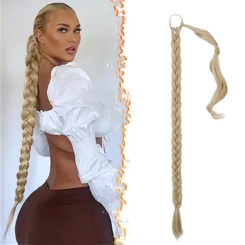 Miniatura 10 de Barsdar Extensión de 26 Pulgadas de Cola de Caballo Trenzada Larga con Banda Elástica - Extensiones de Cabello en Cola de Caballo Recta y Elegante