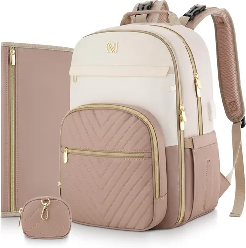 Miniatura 21 de MOMUVO Mochila para pañales, bolsa de bebé acolchada con cambiador, correas para cochecito y funda para chupete, bolsas de pañales de viaje grandes