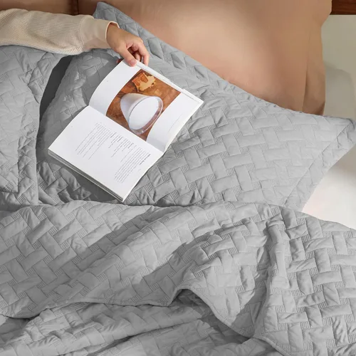Miniatura 5 de Bedsure Colchas de tamaño Queen: colchas ligeras tamaño Queen con patrón de tejido de canasta, ropa de cama suave, colcha de edredón gris claro