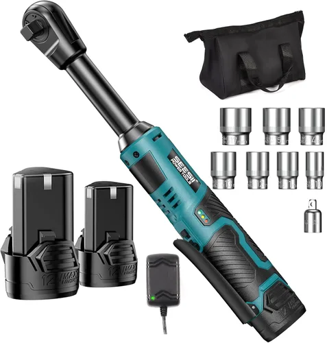 Seesii Llave de trinquete eléctrica inalámbrica extendida 3/8", 40 pies a libras de torque, cuello largo de 6", 220 RPM, paquete de 2 baterías de
