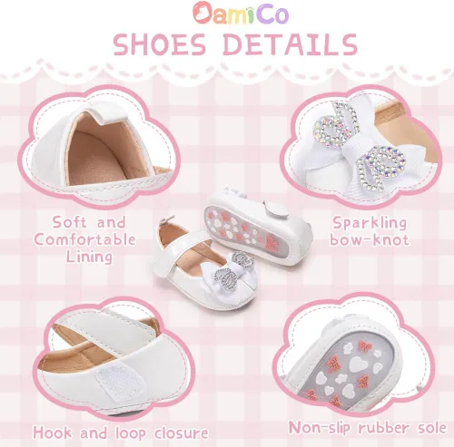 Miniatura 5 de Zapatos planos Mary Jane para bebés y niñas, suela de goma antideslizante con Bownot para primeros pasos, zapatos de vestir de boda de princesa
