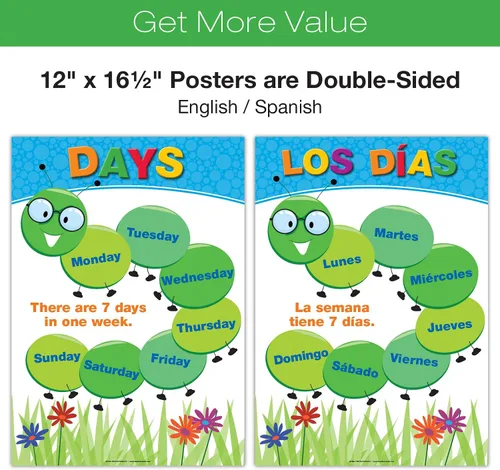 Miniatura 2 de 20 Carteles Educativos Grandes para Niños Pequeños (16.5x12 pulgadas Doble Cara Inglés/Español) Alfabeto Colores Letras Números Formas Meses Días