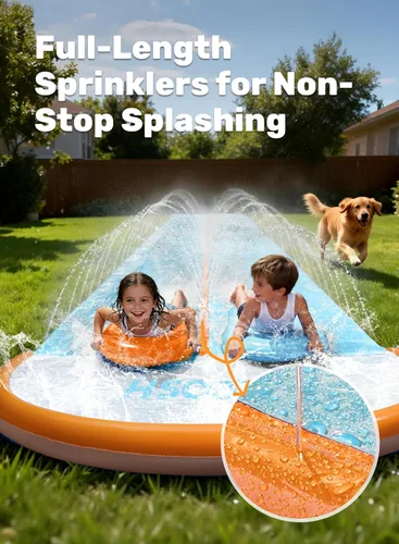 Miniatura 3 de Sloosh Tobogán acuático de 32.5 pies con 2 tablas inflables, aspersor de agua de doble carril para niños, adultos, patio trasero, juguete de verano