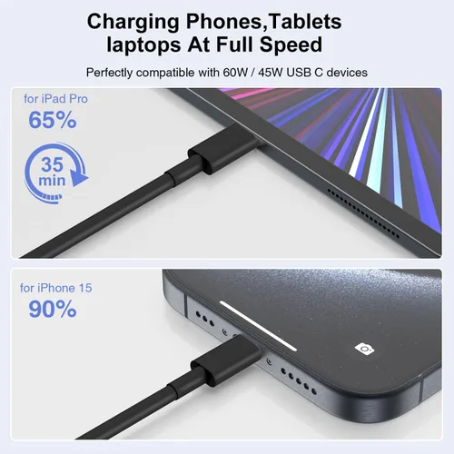 Miniatura 3 de Hzevn Cable de carga USB C de 60 W para MacBook Pro/Air y iPhone 16/15 Pro Max, certificado MFi 20V/3A, cable de carga súper rápido de 6 pies + 10