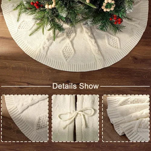 Miniatura 2 de Falda de árbol de Navidad de 48 pulgadas: Falda de árbol de punto de cable trenzado en diamante para árbol de 7.5 pies, falda de árbol blanco crema