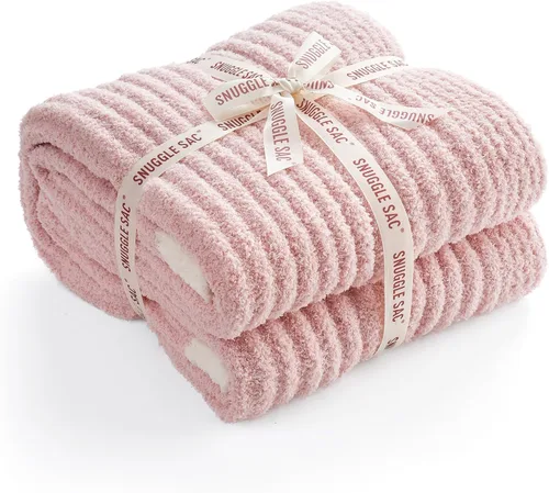 Miniatura 6 de Snuggle Sac Manta de Punto Rosa para Sofá, Mantas Suaves y Acogedoras con Ribete Esponjoso para Mujeres, Mantas de Microfibra Cálidas y Lindas
