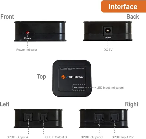 Miniatura 3 de J-Tech Digital Interruptor digital premium de señal de fibra óptica a audio SPDIF, con conexión TOSLINK, con control remoto