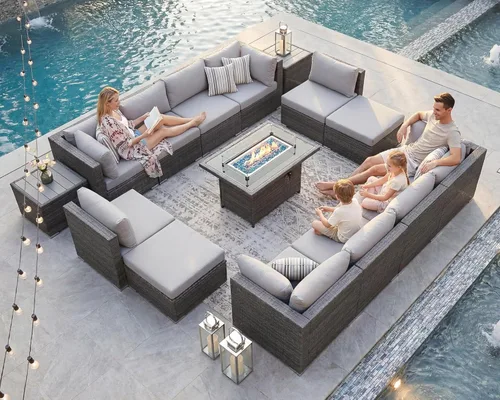 Miniatura 17 de NICESOUL Juego de muebles de patio para exteriores de 7 piezas con mesa para hoguera, gas natural y propano convertible, respaldo alto de 29.3