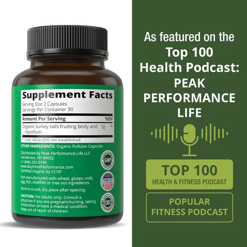 Miniatura 6 de Peak Performance Cápsulas orgánicas de cola de pavo - Cultivadas en Estados Unidos con hongo real de cola de pavo. Apoyo al sistema inmunológico