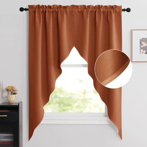 Miniatura 75 de NICETOWN Home Fashion - Cortinas de cocina con bolsillo para poste, cenefa festoneada a medida, cenefa festoneada sólida para ventana de Marrón