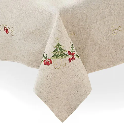 Miniatura 3 de SARO LIFESTYLE Mantel bordado de mezcla de lino con diseño de árbol de Navidad, natural, 67 x 180 pulgadas