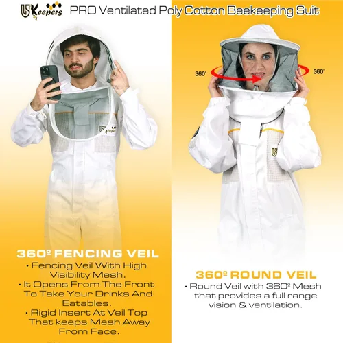 Miniatura 2 de Traje de apicultura de polialgodón ultra ventilado para hombres y mujeres con guantes y dos velos de apicultura, traje de apicultura profesional