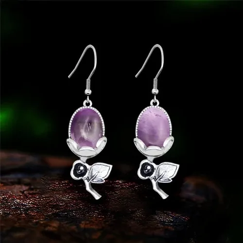 Natural Stone Amethysts Quartz Rose Flower Pendant Earrings For Women Antique Silver Plated Tiger Eye Fashion Earring Jewelry