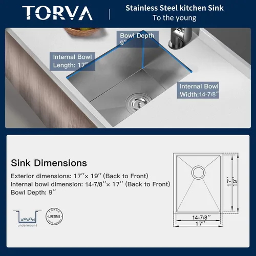 Miniatura 3 de TORVA Fregadero de Montaje Bajo para Cocina de 17 x 19 Pulgadas, Fregadero de Barra de Acero Inoxidable 304 Premium - 9 Pulgadas de Profundidad