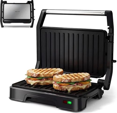 Miniatura 9 de KEINVE Parrilla eléctrica de 2 porciones y prensa Panini, revestimiento antiadherente resistente, bandeja de goteo atrapa grasa, color negro