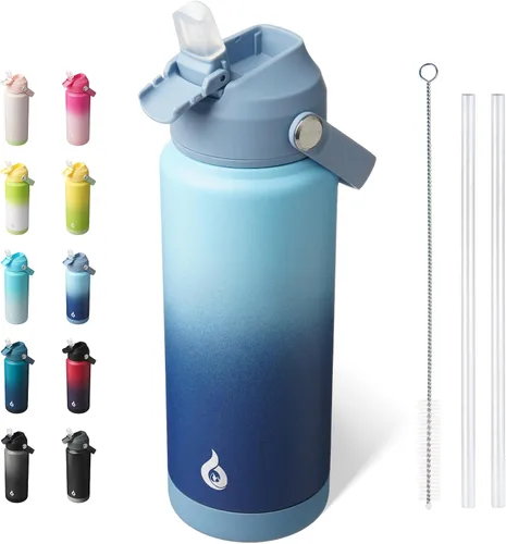 Miniatura 11 de BJPKPK - Botella de agua aislada con tapa de popote, 532 ml Botellas termo con boquilla suave, asa flexible y base antideslizante, libre de BPA, a