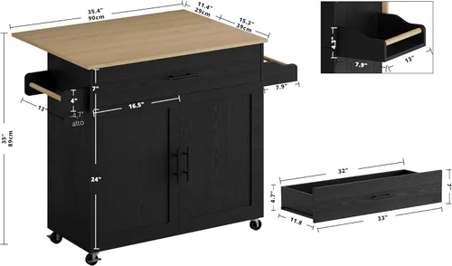 Miniatura 4 de IRONCK - Mesa de isla de cocina rodante con ruedas, hoja abatible, gabinete de almacenamiento, cajón, estante para especias/toallas, carro de Negro