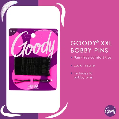 Miniatura 2 de Goody Pasadores Bobby XXL SlideProof de 16 unidades, color negro, cómodos horquillas para peinar, bloqueo en su lugar, accesorios de peinado sin