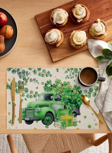 Miniatura 2 de Juego de 4 manteles individuales para el día de San Patricio, trébol verde, algodón, lino, antideslizantes, monedas doradas, irlandeses, primavera