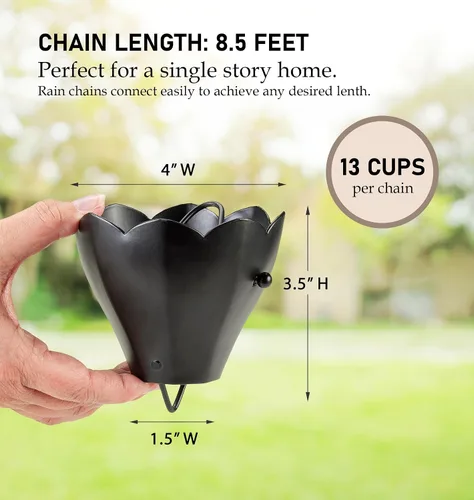 Miniatura 4 de Cadena de lluvia de aluminio negro de 13 tazas con clip de instalación de canalón de 8.5 pies Good Directions