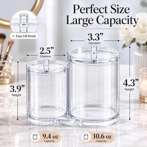 Miniatura 5 de Huji Juego de organizador de baño de acrílico, bola de algodón, Q-Tip y soporte para almohadilla con tapas, tarros de almacenamiento transparentes