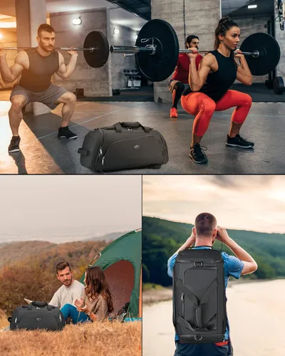 Miniatura 8 de Bolsa de gimnasio impermeable para hombres y mujeres, bolsa de lona convertible grande de 50 L, mochila y bolsa de hombro para viajes, fin