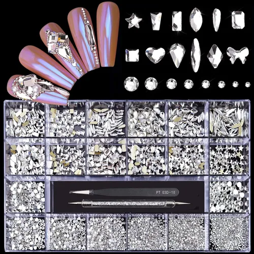 Miniatura 12 de Yzzseven 12 tipos de 600 diamantes AB de cristal + 2500 diamantes de imitación planos mezclados 20 estilos de parte trasera plana DIY manualidades