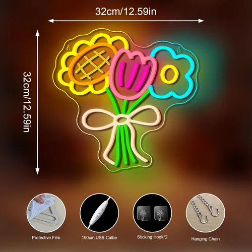 Miniatura 2 de Letrero de Neón de 3 Flores, Luces LED de Neón de Flores, Blanco Frío Cálido Amarillo, Acrílico de Montaje en Pared LED Bohemio Señalización