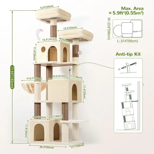 Miniatura 6 de Globlazer Árbol para gatos alto, torre para gatos de 71 pulgadas para gatos adultos de interior, multinivel, 3 condominios para gatos