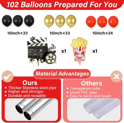 Miniatura 3 de Juego de 2 soportes de columna de globos nocturnos de película con 102 globos de aluminio de palomitas de maíz, soporte de torre ajustable de 5.57