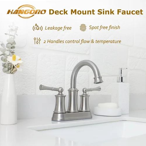 Miniatura 3 de Grifo central de baño de 4 pulgadas de níquel cepillado, grifo de baño de 2 manijas de 3 agujeros, grifo de baño de latón antiguo con desagüe