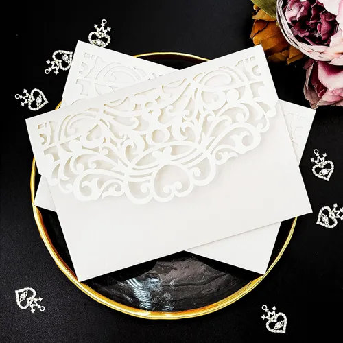 20 tarjetas de invitación de boda cortadas con láser, bolsillos con sello de sobre, diseño floral para bodas, fiestas, despedidas de soltera, Blanco