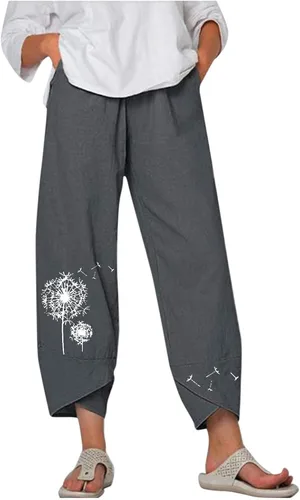 Miniatura 23 de Pantalones Capri de Lino de Algodón para Mujer 2025, Pantalones Palazzo Recortados Casuales con Estampado, Cintura Elástica, Pantalones Holgados