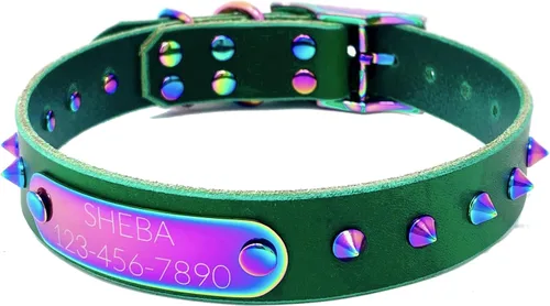 Miniatura 20 de Collar de perro de cuero con brida hecha a mano, grabado arco iris de acero inoxidable (negro)