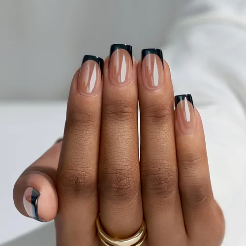 Miniatura 40 de BTArtbox Uñas cortas a presión, color negro, francés, almendra, con pegamento y pestañas adhesivas para mujeres en 16 tamaños, kit de 32 uñas de gel