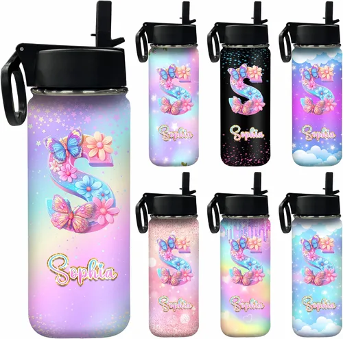 Miniatura 23 de Botella de agua personalizada, botella de agua deportiva personalizada con nombre, botella de acero inoxidable aislada al vacío con tapa