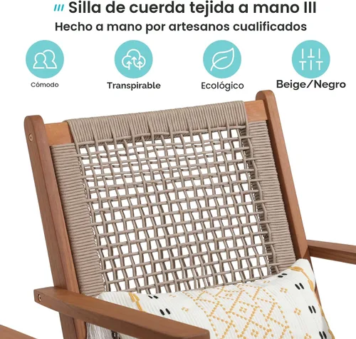 Miniatura 3 de Verano Garden Juego de 2 sillas de patio, sillón moderno de madera de acacia con cuerda tejida a mano para patio, sala de estar, dormitorio, balcón