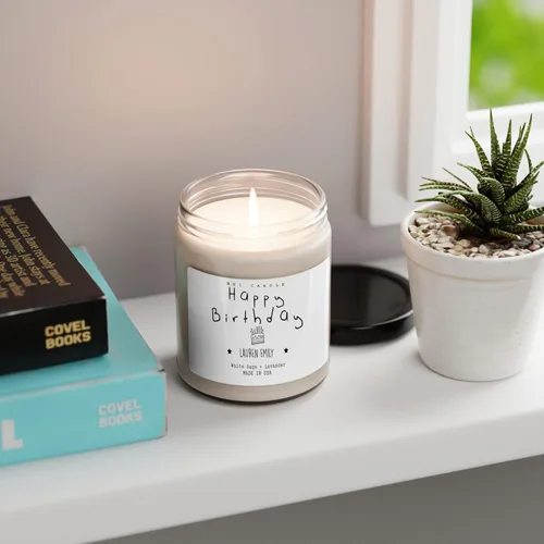 Miniatura 3 de NHI - Vela personalizada de feliz cumpleaños, vela con nombre personalizado, vela perfumada de cera de soja para el hogar, tarro transparente de 9