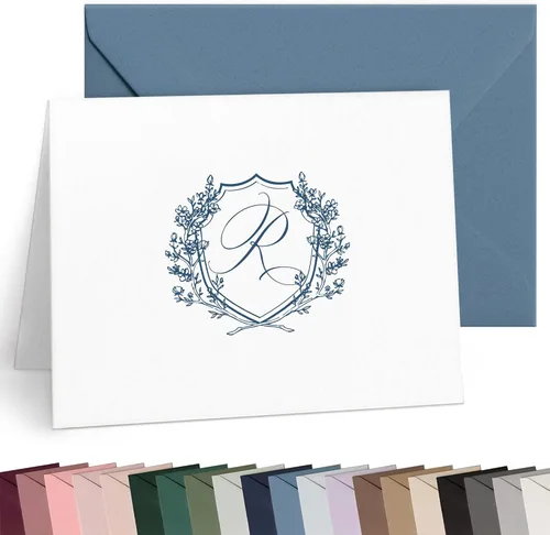 Papelería plegada con cresta personalizada, tarjetas iniciales personalizadas para pareja con sobres, elegantes tarjetas de notas plegadas con