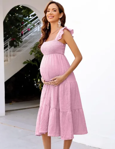 Miniatura 2 de KOJOOIN Vestido de maternidad para mujer, sin mangas, cuello cuadrado, volantes, casual, bohemio, vestido midi para baby shower, sesión de fotos