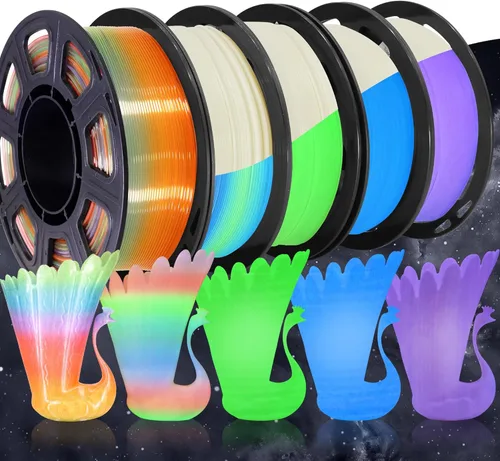 Paquete de filamento PLA para impresión 3D 5 en 1: verde que brilla en la oscuridad, azul, púrpura y arco iris, multicolor, 0.55 libras por carrete,