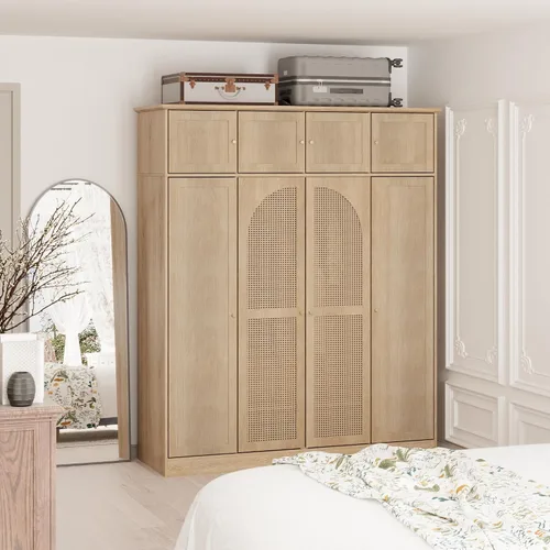 Miniatura 2 de Armario grande de 4 puertas con puertas de ratán, armario de madera independiente de 70.87 pulgadas de alto con barra para colgar y estantes
